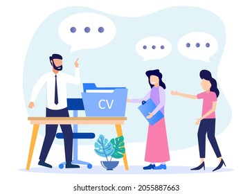 Vector illustration of HR employee orientation with introduction and integration. Job description and remarks on the first day of the new work process. Presentation of work and learning assignments.