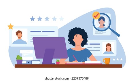 Vector illustration of hr manager. Cartoon scene with a girl who selects people for work and considers which is best suited on white background.