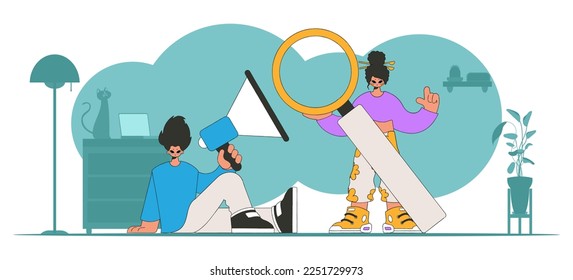 Vector illustration of HR representative team. Attractive girl sits in a chair and holds a megaphone in her hand.