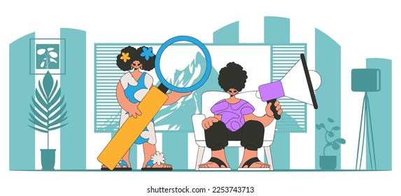 Vector illustration of HR representative team. Attractive woman is sitting in a chair and holding a megaphone.