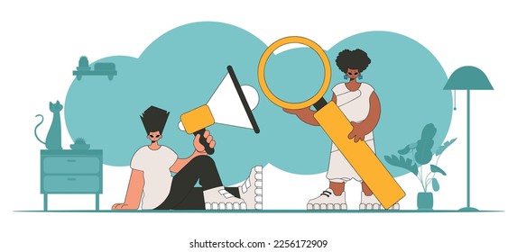 Vector illustration of HR representative team. Attractive girl sits in a chair and holds a megaphone.