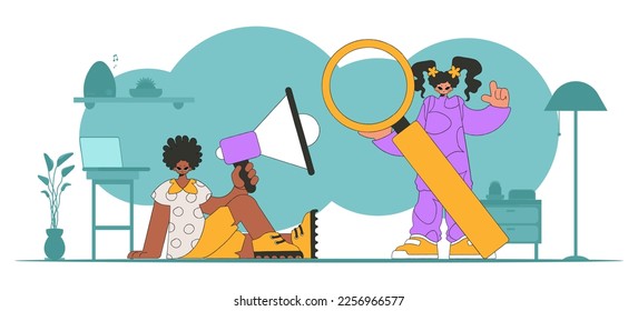 Vector illustration of HR representative team. Attractive woman sits in a chair and holds a megaphone in her hand.