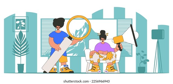 Vector illustration of HR representative team. Stylish girl sits in a chair and holds a megaphone.