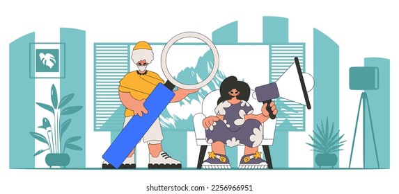 Ilustración vectorial del equipo representativo de RR. HH. Chica elegante sentada en una silla y sujeta un megáfono en la mano.