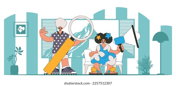 Vektorgrafik des HR-Repräsentantenteams. Stilvolle Frau sitzt in einem Stuhl und hält ein Megaphon in der Hand.