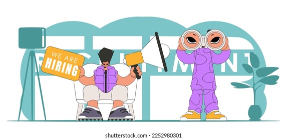 Vector illustration of HR specialist team. Stylish woman sits in a chair and holds a megaphone in her hand.