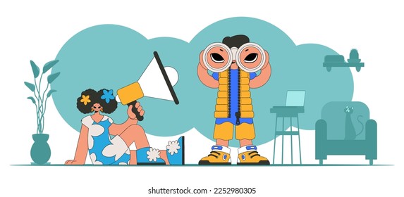 Vector illustration of HR specialist team. Attractive woman is sitting in a chair and holding a megaphone.