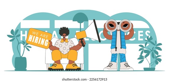 Vector illustration of HR specialist team. Attractive woman sits in a chair and holds a megaphone in her hand.