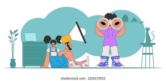 Ilustración vectorial del equipo especializado en recursos humanos. Una mujer atractiva se sienta en una silla y sostiene un megáfono en la mano.
