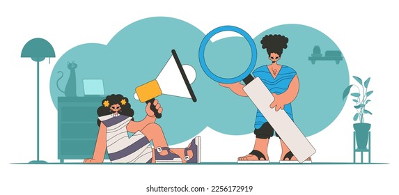 Vector illustration of HR specialist team. Stylish woman sits in a chair and holds a megaphone.