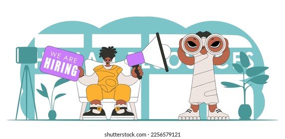 Vector illustration of HR specialist team. Attractive girl sits in a chair and holds a megaphone in her hand.
