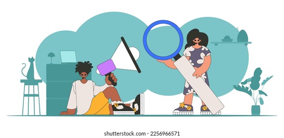 Vector illustration of HR specialist team. Stylish woman sits in a chair and holds a megaphone in her hand.