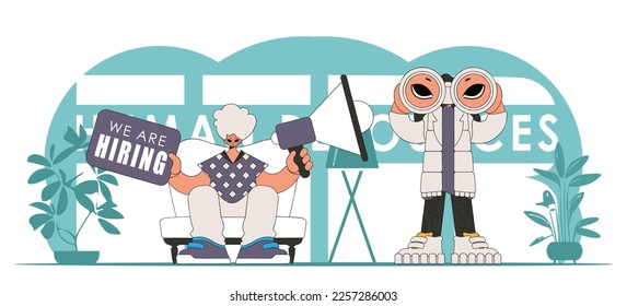Vector illustration of HR specialist team. Stylish girl sits in a chair and holds a megaphone.