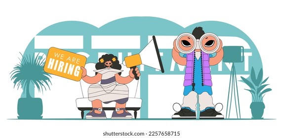 Vector illustration of HR specialist team. Attractive woman is sitting in a chair and holding a megaphone.