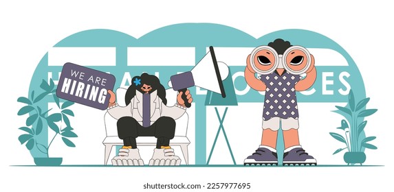 Vector illustration of HR specialist team. Stylish woman sits in a chair and holds a megaphone.