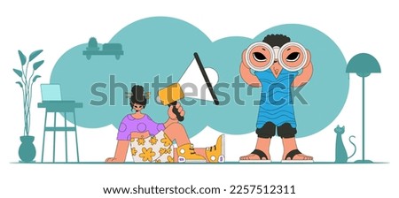 Vector illustration of HR specialist team. Attractive girl sits in a chair and holds a megaphone.