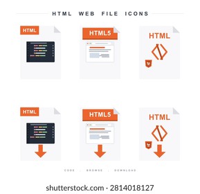 Vector illustration of HTML and HTML5 web file document icons in flat style, featuring code editor, browser window, brackets, and download arrows.