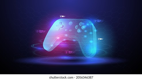 Vector illustration with hud elements. Wireless controller gamepad for play games. Neon glowing gamepad. Cloud Gaming concept.