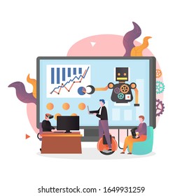 Vector illustration of huge computer with robot on screen, micro people riding self balancing mono wheel with laptop in hands, playing games using vr glasses, game controllers. Smart modern gadgets.