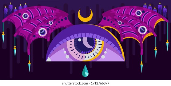 Vector illustration. Huge eye with bat wings. Occult Symbols. Daggers, candles, a tear. On a dark gloomy background.