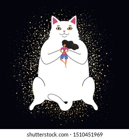 Vector illustration with huge fat white cat, yellow stars and relaxed sleeping long hair woman