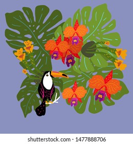 Vector illustration with huge leaves of tropical plants and a toucan surrounded by orchids.