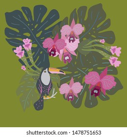 Vector illustration with huge leaves of tropical plants and a toucan surrounded by orchids.