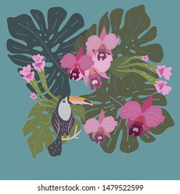 Vector illustration with huge leaves of tropical plants and a toucan surrounded by orchids.