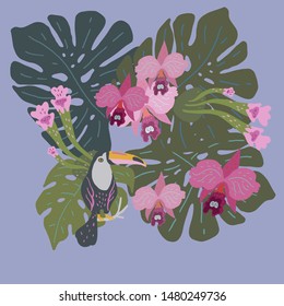 Vector illustration with huge leaves of tropical plants and a toucan surrounded by orchids.