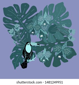 Vector illustration with huge leaves of tropical plants and a toucan surrounded by orchids.