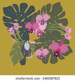 Vector illustration with huge leaves of tropical plants and a toucan surrounded by orchids.