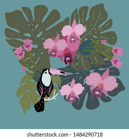 Vector illustration with huge leaves of tropical plants and a toucan surrounded by orchids.