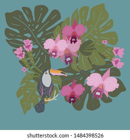 Vector illustration with huge leaves of tropical plants and a toucan surrounded by orchids.