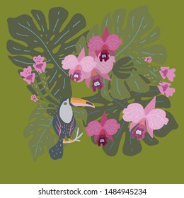 Vector illustration with huge leaves of tropical plants and a toucan surrounded by orchids.