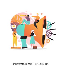 Vector illustration of huge megaphone and tiny characters promoters. Business promotion, types of advertising, public relations, mobile marketing concept for web banner, website page etc.