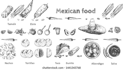 Vector illustration of huge Mexican food mega pack set. Tamale, Elote, chili peppers, Nachos, Tortillas, Taco, Burito, Albondigas, Salsa, Tequila with lime, vegetables. Vintage hand drawn style.