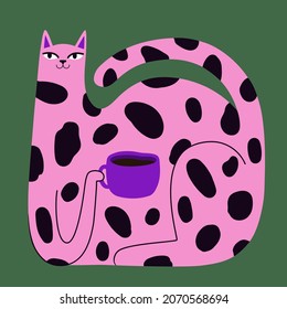 Vector Illustration With Huge Pink Cat Drinking Coffee From Purple Cup. Funny Print Design With Hot Drink And Domestic Animal