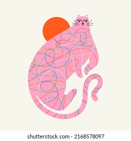 Vector illustration with huge pink cat, doodle lines, red sun. Trendy apparel print design, home decoration poster with animal