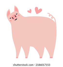 Vector illustration with huge pink pig and hearts. Trendy farm animal print design, pork food package sticker emblem template
