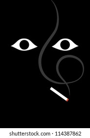 vector illustration of huge, scared eyes, showing from a black background and a smoking cigarette