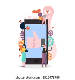 Vector illustration of huge smartphone with thumbs up hand sign on screen and tiny characters using laptop computers and mobile phone. Mobile technologies concept for web banner, website page etc.
