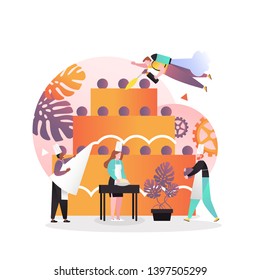 Vector illustration of huge three tiered cake and tiny people cooks chefs decorating it with cream, making dough. Bakery and confectionery services concept for web banner, website page etc.