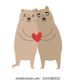 Vector illustration with hugging bears and red heart. Cute print design with animals