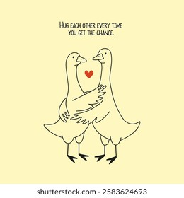 Vector illustration with hugging or dancing and supporting each other geese. Cute and romantic print design, home decoration poster, greeting card template, apparel print design