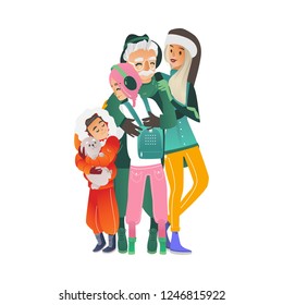 Vector illustration of hugging family in wintertime isolated on white background - happy grandfather, daughter and grandchildren in warm winter clothes embracing in cartoon style.