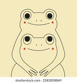 Vector illustration with hugging frogs and looking to each other. Romantic Valentine's day greeting card design, home decoration poster