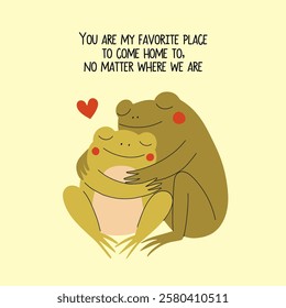 Vector illustration with hugging frogs in love. Romantic print design with animals, typography poster with text, 14 February greeting card template