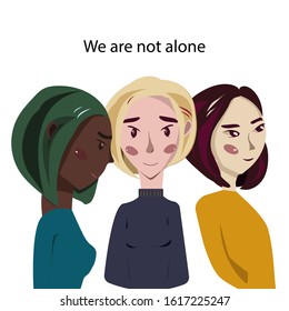 Vector illustration of hugging girls who support each other. Demonstrates unity and teamwork.
On a background of a blue circle for stickers, presentations, logos, business cards. 