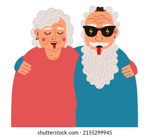 Vector illustration with hugging old man and woman. Funny apparel print design. Trendy wall decoration poster, greeting card template