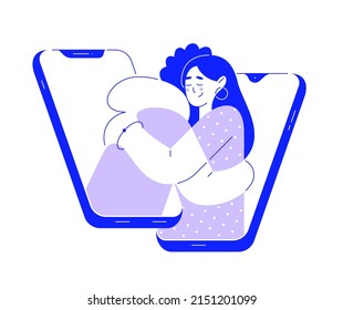 Vector illustration with hugging people on background of smartphone in flat style, outline. Virtual support service, helpdesk, telephone helpline, online assistant. Isolated template, line art.